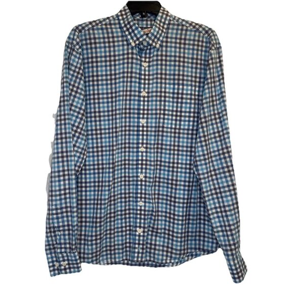 Johnnie O Hangin’ Out Men’s Caiden Blue Plaid Button Down Shirt Sz L Beach - Picture 1 of 12